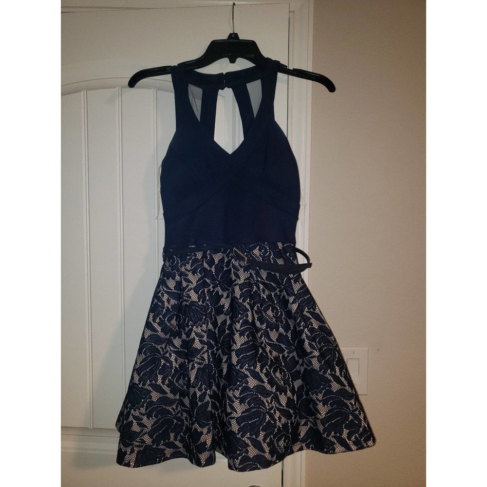 Like New Navy Blue above knee cocktail dress size 3 by Crystal Doll - Picture 2 of 6